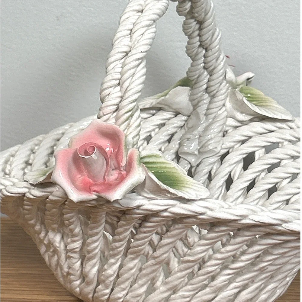 Ceramiche Lanzarin Italy Woven Ceramic Basket Pink Roses Hand Made Set of 2